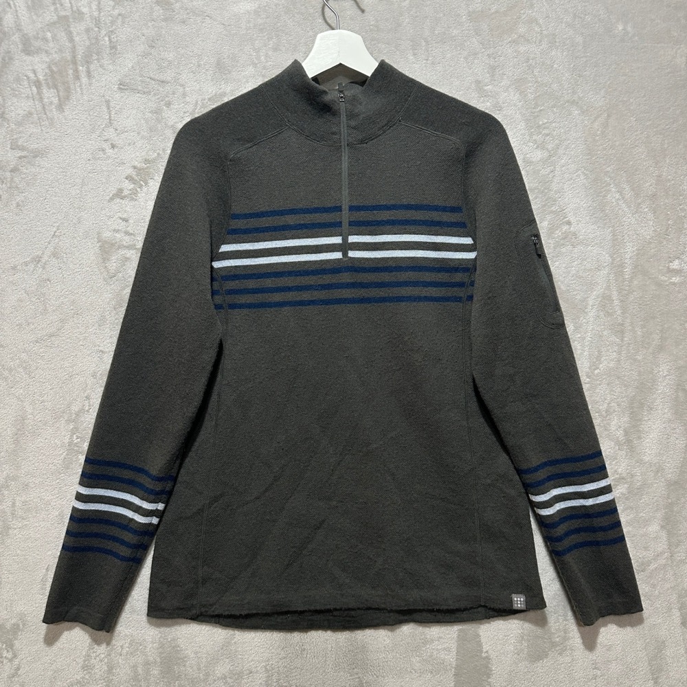 Title Nine Merino Wool Blend Quarter Zip Pullover Sweater Green Striped Large